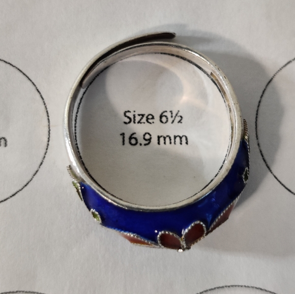 Vintage Chinese Export Cloisonne Sterling Silver Adjustable Ring - Picture 5 of 12